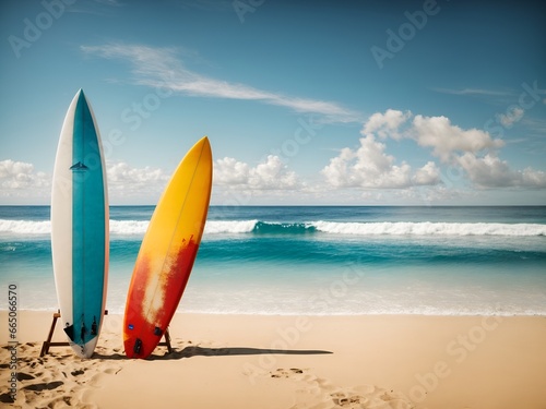 Surfboard on tropical beach 