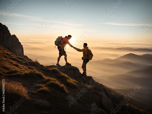 Man helping friend reach the mountain top