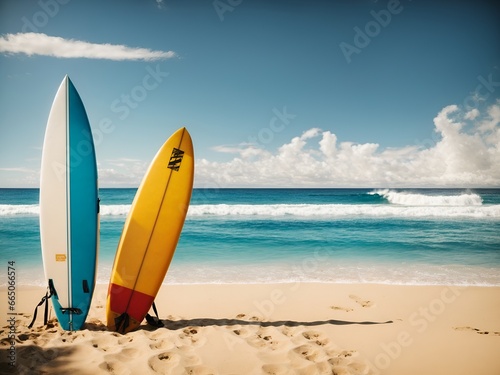 Surfboard on tropical beach 