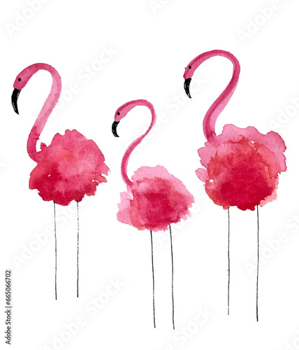 Hand-painted, watercolor design of 3 cheerful flamingoes standing together. Isolated, flat painting, clipped from background and placed into an Adobe Illustrator file for ease of use.