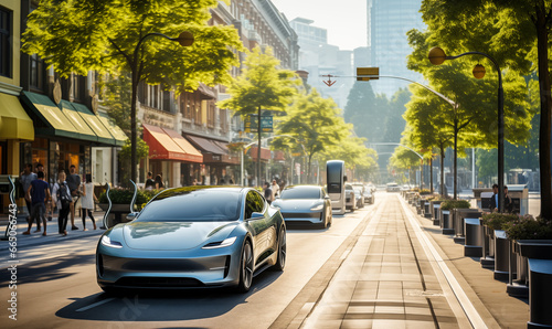 Sustainable Future: Electric Cars and Reusable Bags on a Green City Street photo