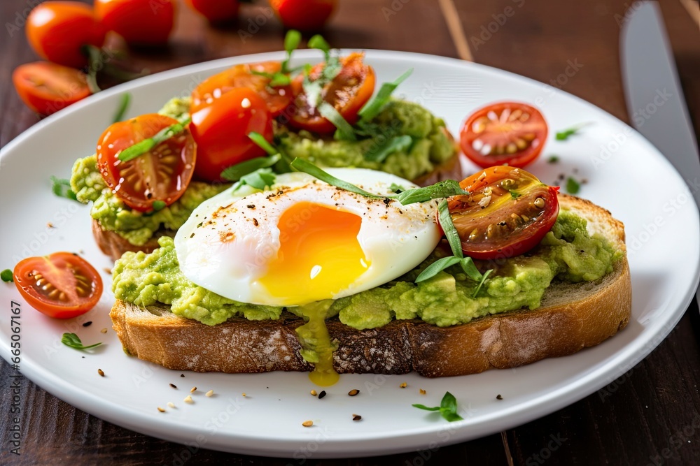 Avocado toast with eggs and roasted tomatoes.