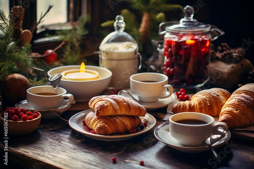 breakfast with coffee and croissants, Morning Indulgence: Cozy New Year's Breakfast with Coffee, Pastries, and Hearty Delights to Start the Year.