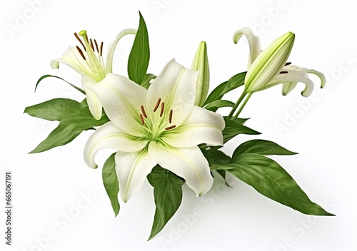 Beautiful fresh lily flower with green leaves, isolated on white background. © Moinul