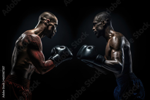 Two men engaged in a boxing match wearing protective gloves © pham