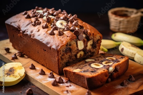 Delicious homemade chocolate chip banana bread on a rustic cutting board