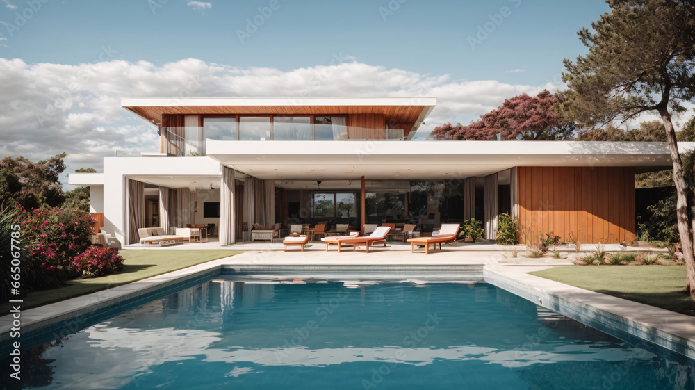 3d rendering of modern cozy house with pool and parking for sale or rent. Clear sunny summer day with blue sky.