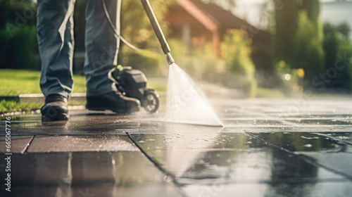 man is cleaning Driveway Using Clean Dirty Powerful photo
