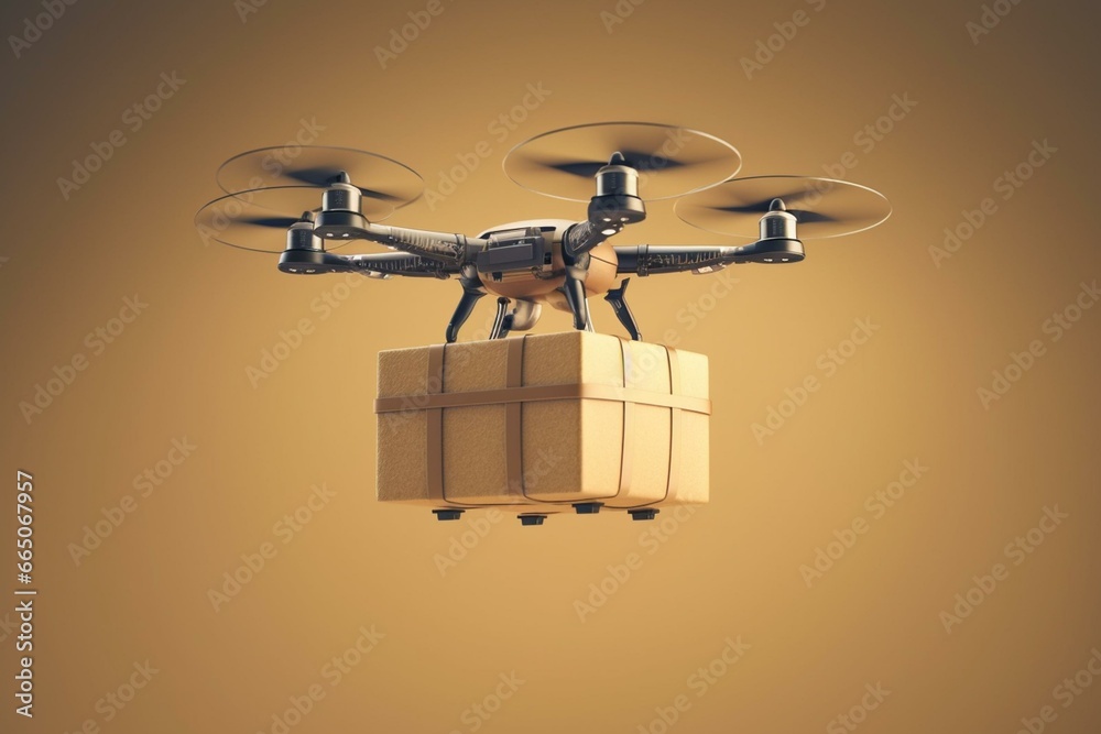 Delivery drone with package in flight. Generative AI