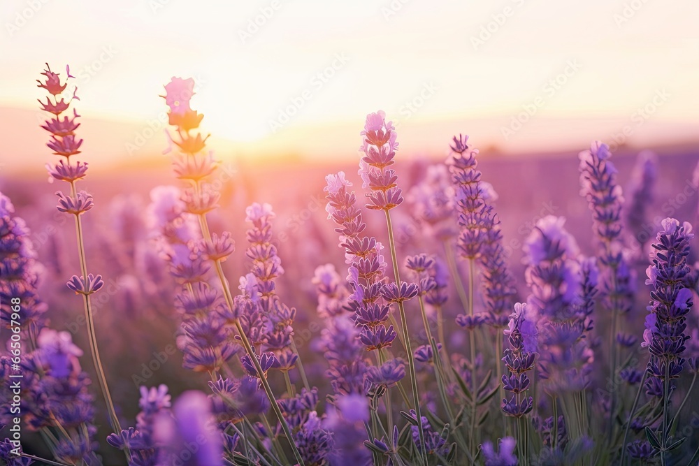 Fototapeta premium Close up lavender flowers in beautiful field at sunset.