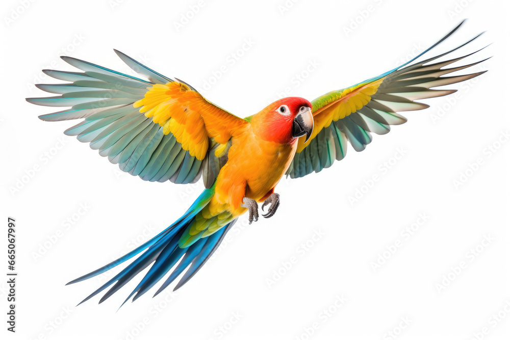 Flying parrot on white background