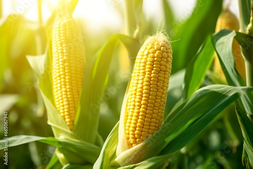 Closeup corn cobs in corn plantation field.