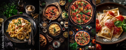 Fondo o diseño de mesa completa de comidas italianas en platos Pizza, ravioli, carpaccio. ensalada caprese y bruschetta de tomate sobre fondo negro. photo
