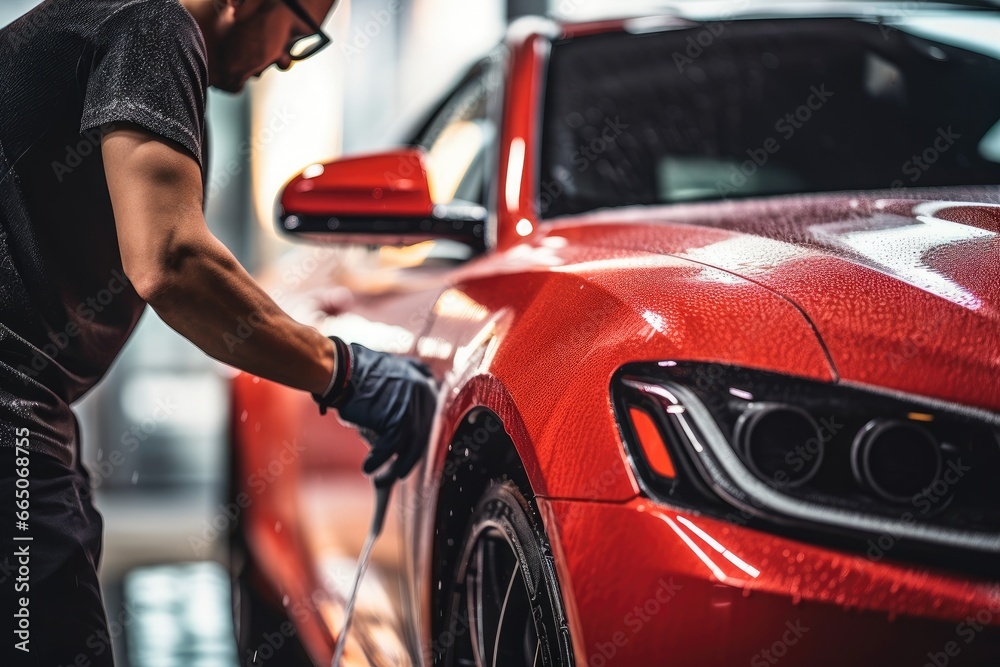 A person polishing a shiny red sports car in a auto repair shop - obrazy, fototapety, plakaty 