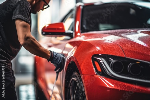 A person polishing a shiny red sports car in a auto repair shop