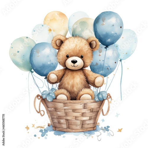 A watercolor baby teddy bear is sitting in the basket with blue and gold balloons.