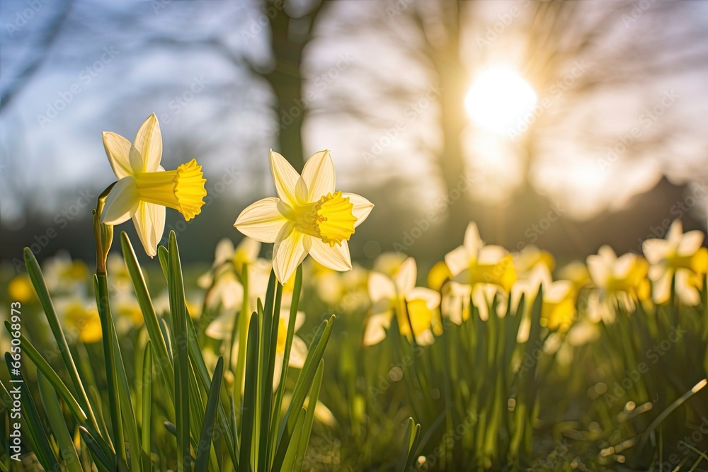 Obraz premium Daffodils in spring backlit by sun.