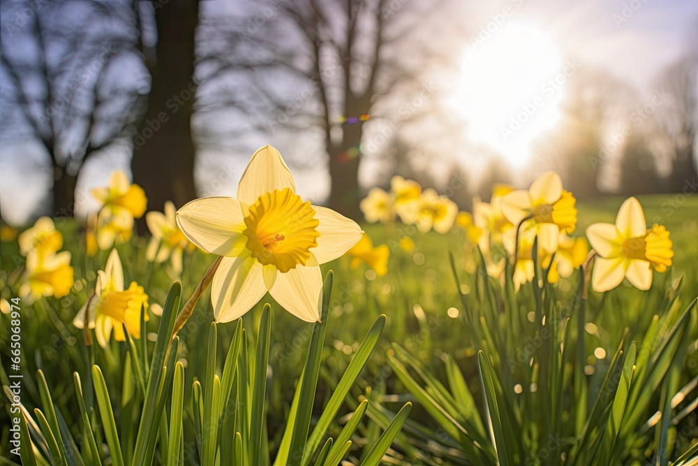 Obraz premium Daffodils in spring backlit by sun.