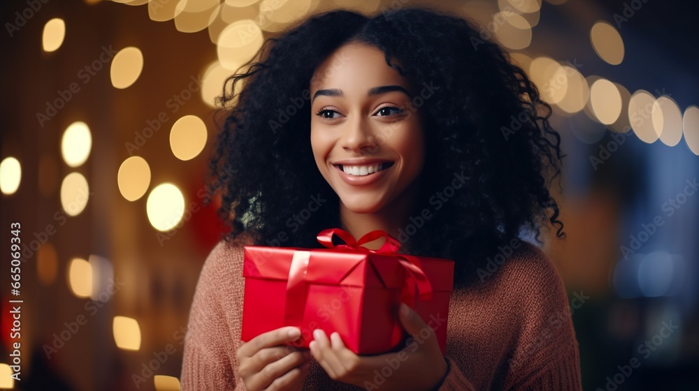 Smiling cute African American girl holding a red gift box in the living room for Christmas Smiling cute African American girl holding a red gift box in the living room for Christmas