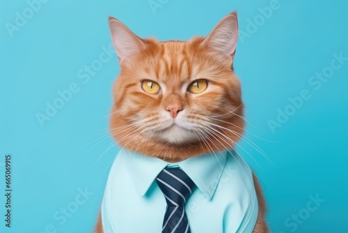A stylish orange cat dressed in a fashionable blue shirt and tie © pham