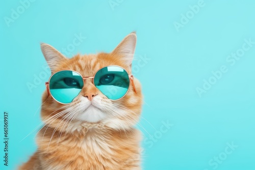 A cool cat rocking sunglasses against a vibrant blue backdrop