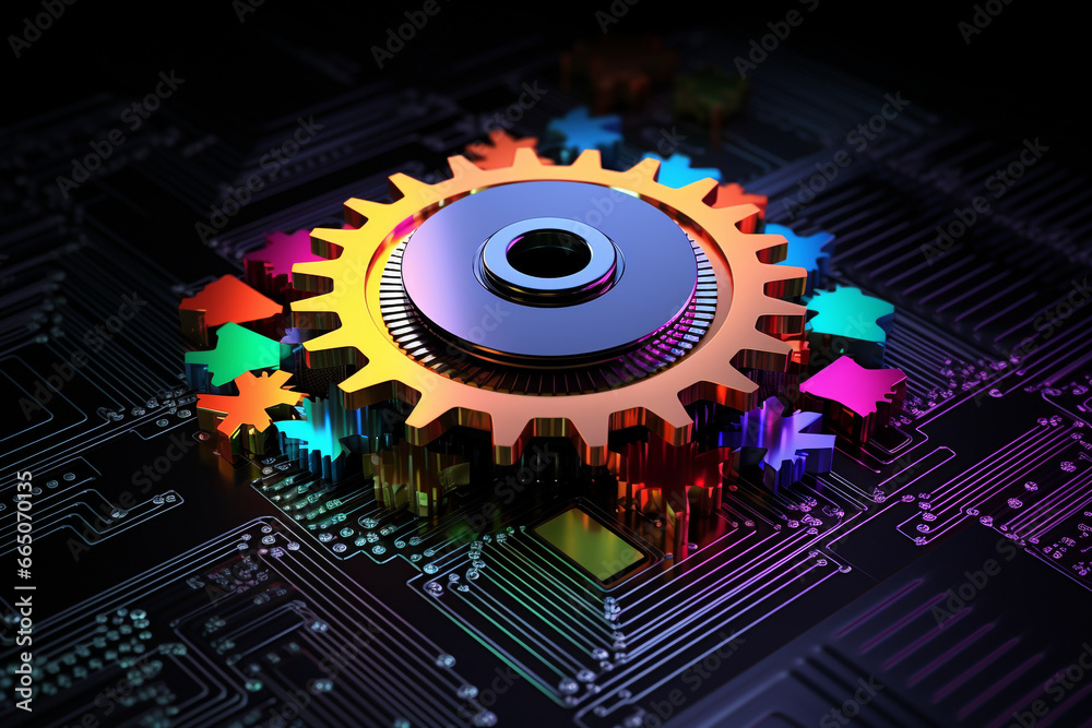 3d illustration of computer chip over black background with colorful gear wheels