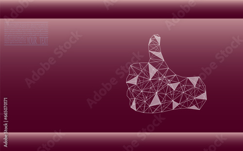Thumb up made up of lines and dots. Thumb on a burgundy background, in a technological grid. Thumb illustration. Vector icon.
