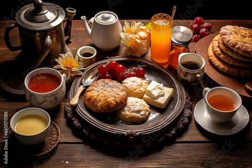 breakfast with coffee, juices and croissants, Morning Indulgence: Cozy New Year's Breakfast with Coffee, Pastries, and Hearty Delights to Start the Year.