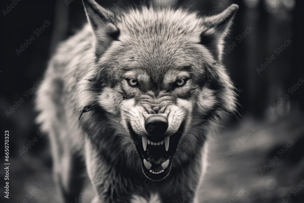 Greyscale closeup shot of an angry wolf with a blurred background. Greyscale closeup shot of an angry wolf with a blurred background.
