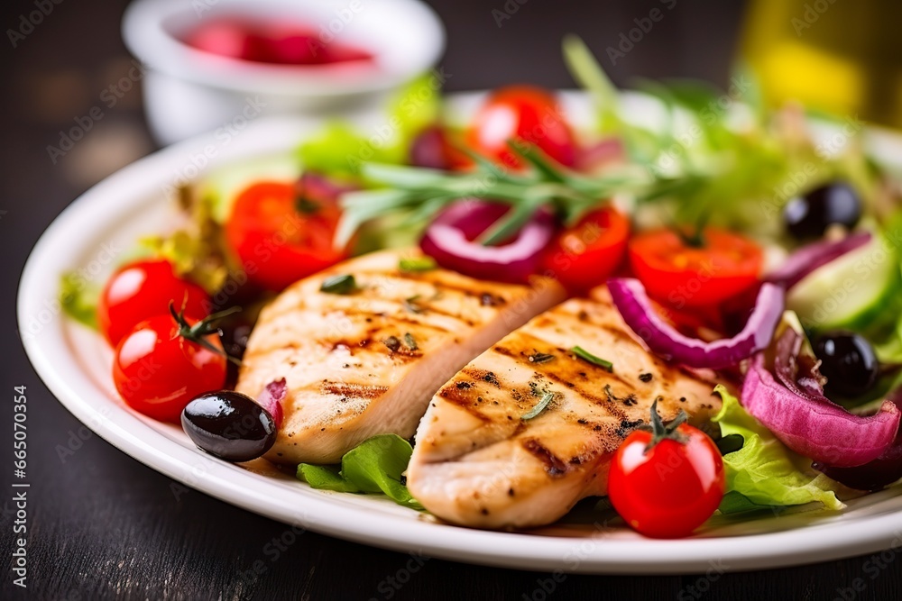 Grilled chicken breast with tomatoes, red pepper, organic green and kalamata olives. Grilled chicken breast with tomatoes, red pepper, organic green and kalamata olives.
