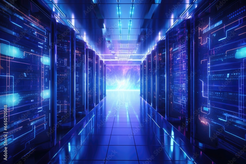 A technologically advanced data center with a network of servers in a spacious hallway