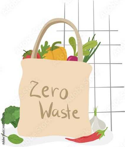 Eco bag with vegetables, hand draw zero waste bag. 