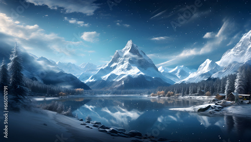 Winter Wonderland  Majestic Snow-capped Mountains and Serene Blue Lake