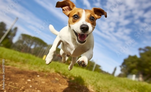 Jack Russel Parson Dog Run Toward The Camera Low Angle High Speed Shot.