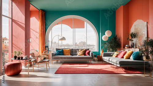 Modern living room interior with sofa and coffee table, panoramic window photo