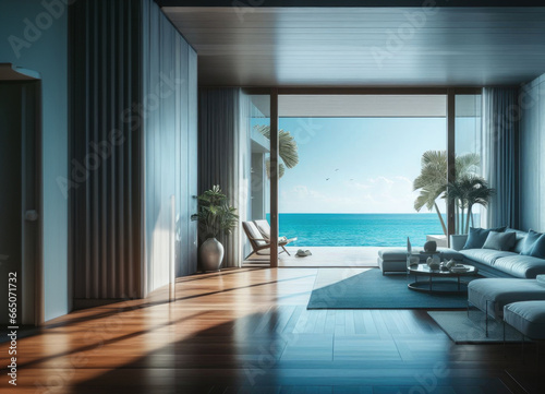 Living room and sofa in modern beach. Home interior with sky and sea.