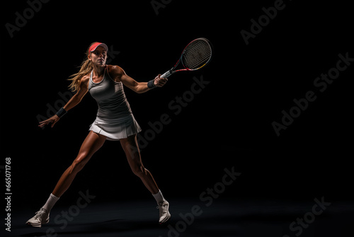 A fictional people. Female tennis player is trying to hit a tennis ball. Place for text, copy space.