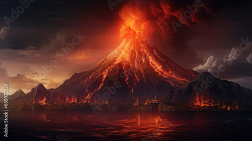 Volcanic activity, lava flow flows down the mountain. Frightening dangerous landscape. Aerial view photo