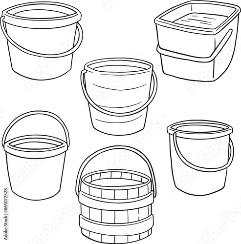 set of water buckets, paint bucket.  illustration, line vector set 