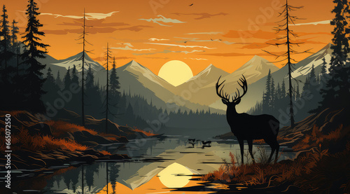 Deer Silhouette in Front of Dark Forest Landscape with River and Sunset extreme closeup. Generative AI