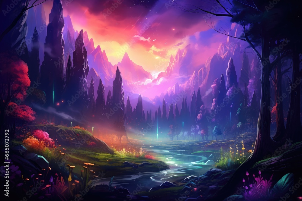 Obraz premium A vibrant and lush depiction of a dense forest landscape