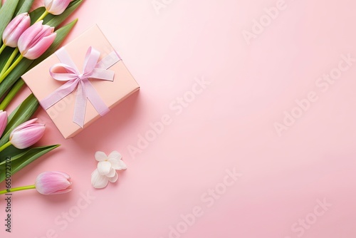 Pink gift box with ribbon bow and bouquet of tulips on isolated pastel pink background. © Moinul