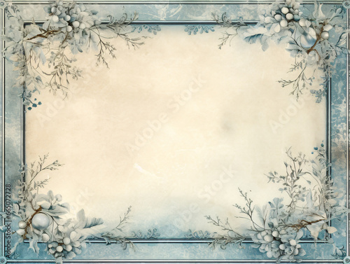 A beautiful bordered page with a vintage Christmas theme in a wintery pale blue and cream style with frozen twigs. Free space for text or Christmas card.