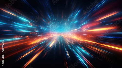 Abstract futuristic background with glod blue glowing neon moving high speed lines and bokeh lights.
