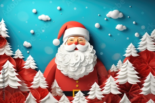 Paper art style santa claus decoration christmas background.