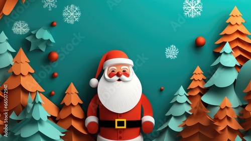 Paper art style santa claus decoration christmas background.
