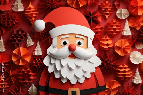 Paper art style santa claus decoration christmas background.