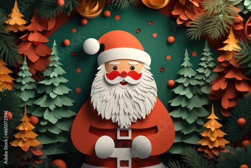 Paper art style santa claus decoration christmas background.