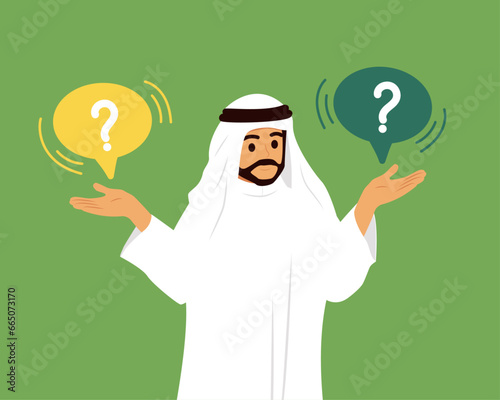 Man is thinking. Question mark. Puzzled Arab muslim Business Man Setting Priorities, Doubting, Deciding. Questioned Employee Thinking, Analysing Options. Flat vector illustration 
