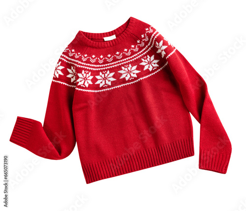 Red knitted Christmas ornated sweater isolated on white, winter holiday clothes. New year symbol. Knitwear.